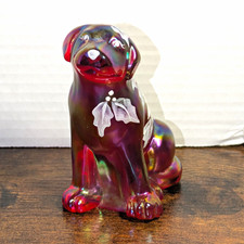 Fenton Amethyst Carnival Glass Dog Figurine Poinsettia V Peach Signed 44/150 picture
