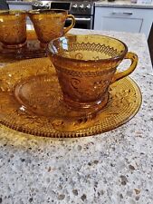Vtg Indiana Glass, Tiara Amber Oval Sandwich Plates W/Coffee/ Tea Cups. 4 Sets. picture