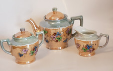 3 PC Vintage Japanese Lusterware Tea Set Gray Peach Color 1940s Fine Porcelain picture