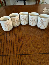 Set of 5 White Brown Gray Ceramic Floral Cups, Flowers Pattern Design picture
