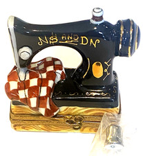 LIMOGES France Peint Main Box SEWING MACHINE w/Scissors Clasp & Thimble TRINKET picture