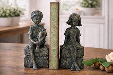Vintage Style Young Boy And Girl Sitting On Block Of Stone Bookends Aged Patina picture