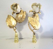 Vintage Italian Gold Tole Rose Finials Pair in Brass Bases, LUXE CHIC MCM picture
