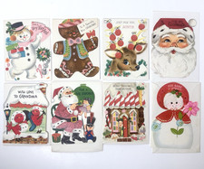 1950s Vtg Christmas Greeting Card UNUSED Hallmark Glitter Flocked Die Cut Set 8 picture