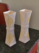 Vintage Belleek Ireland Parian China Diamond Vase Pair Cream Yellow Lustre 8