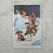 Artist Signed Helge Artelius Christmas Postcard Kids Sledding Dog Mother Snowman picture