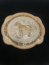 MONTANA SILVERSMITHS Silver Gold Tone BELT BUCKLE Center HORSE Twisted ROPE Edge picture