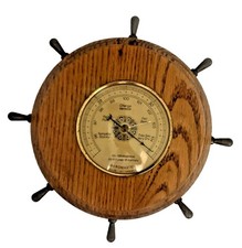Vintage French Baromaster Aneroid Barometer Ships Wheel Oak Wood Captains Helm picture