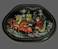 Vtg Russian Black Lacquer Hinged Trinket Box WINTER TROIKA Signed 3.75 x2.75