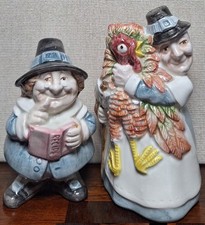Vtg 1990 Fitz & Floyd Pilgrims Progress Thanksgiving Salt Pepper Shakers w/ Box picture