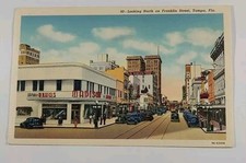 Postcard Tampa, Florida Looking North at Franklin Trolly in the 1930's picture