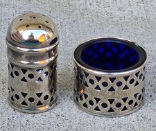 Silverplate & Cobalt Blue Glass Salt Shaker & Salt Cellar Made in England picture