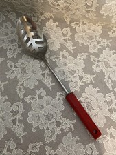 Vintage Androck Red Bakelite Handle Slotted Spoon Stainless Steel Nice picture