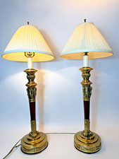 Pair Vintage Stiffel Brass Table Lamps Neoclassical Empire Burgundy Columns 33” picture