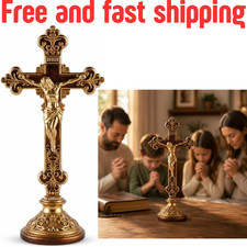 Jesus Christ Crucifix Statue with Base, 12 Inch Gold Resin Tabletop Cross, Elega picture
