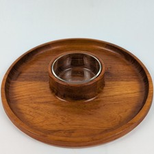 Vtg Dansk IHQ Round Teak Wood Chip & Dip Green Bowl Tray Jens Quistgaard 12 1/2