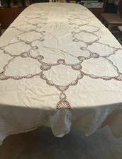 Vintage Italian Cotton Embroidery Crochet Beige Tablecloth 63