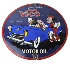 Vintage Vico Motor Oil Sign - Porcelain Walt Disney Gasoline Pump Plate Sign picture