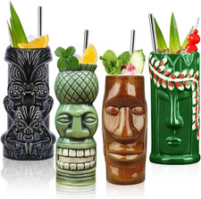 Tiki Mugs Cocktail Set of 4 - Large Ceramic Hawaiian Party Mugs Drinkware, Cute picture