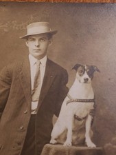 Antique 1910s Canton Ohio Studio RPPC Man Straw Boater Hat Jack Russell Dog picture