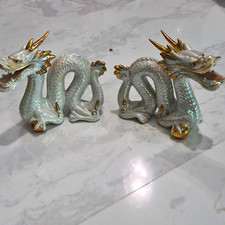Pair Ceramic Dragon Figurines Iridescent White w/ Gold Accents Made in Japan picture