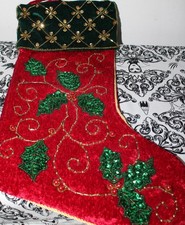 VTG Beaded Christmas Stockings With Holly Leaves Very Beautifull picture
