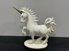 Vintage Studio Art White Glazed Ceramic Standing Unicorn Gold Tone Horn Statue picture