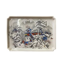 Distressed Off White Porcelain Snow Trees House Rectangular Display Plate ws3198 picture