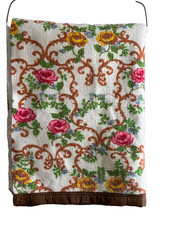 Ely Spunwell Twin BLANKET Yellow Pink Carriage Roses Brown Trim 68x86 Vtg 1970s picture