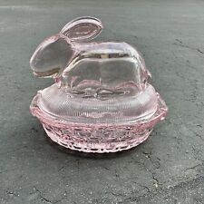 Easter Bunny Rabbit On Nest Basket Pink Glass Candy Trinket Dish 5” picture