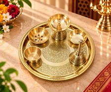 100% Pure Copper Puja Thali Set Hindu Pooja Plate Religious Worship Kit picture