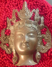 Vintage Solid Brass Tibetan Tara Mask Wall Hanging – Heavy- Buddhist Goddess picture
