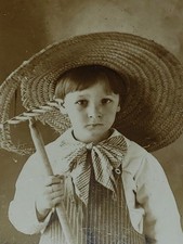 Antique Edwardian RPPC Photo Postcard Adorable Boy Large Straw Hat Overalls Rake picture