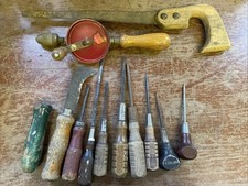Lot of 11 Misc Wooden Handle Tools - Awl, Hand Drill, Hand Saw,  Screw Drivers picture