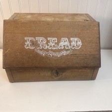 Vtg Wood Bread Box Hinged Drop Front Door Lettering Cottage Farmhouse Grannycore picture