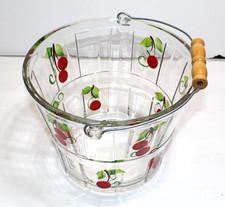 VTG ANCHOR HOCKING GLASS ICE BUCKET BASKET CHERRIES W BAIL WOOD HANDLE EUC MINT picture