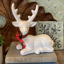 VINTAGE FLAMBRO White Ceramic Christmas Reindeer Holiday Decor Plaid Bow,Laying picture