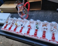 Full Set Retired Pottery Barn Reindeer Glass Hand-Painted Pitcher & 8 Matching picture