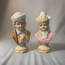 Thuringia Germany Porcelain Young Boy & Girl Miniature Bust Figurines Antique 6” picture