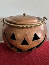 Vintage XL Solid Copper Jack O Lantern Pumpkin Halloween Brass Handle picture