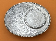 VTG Signed SSS Engraved Sterling on Nickel 1886 Morgan Silver Dollar Belt Buckle picture