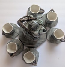 Handmade Ceramic Coffee Set Pottery Pitcher & 6 Cups Branch Leaf Handles Art picture
