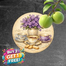 Purple Flowers Tea Time Round Metal Sign Rustic Kitchen Decor 8x8 picture