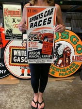 Antique Vintage Old Style Sign Sports Car Races Akron Ohio Made in USA picture