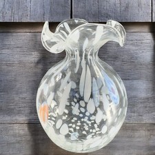 1980s Blown Glass Vase Transparent With White Blue Orange Spots Ruffle Edges picture