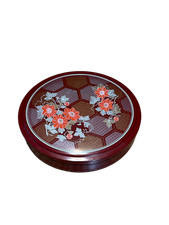 Vintage Japanese Red Lacquerware Floral Hexagon Pattern Round Lidded Box 11.5 in picture