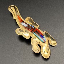 Vintage Navajo Harrison Jim 14K Gold Lizard Gecko Turquoise Coral Brooch Pendant picture