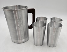 VTG MCM Aluminum Pitcher & 4 Cups West Bend Alum. Co Silvertone Wheat Design USA picture