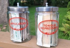 2 Vintage Profex/Glasco Applicators, Tongue Depressor, Gauze Medical Jars picture