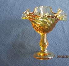 1pc old AMBER GLASS BOWL pedestal ruffled edge spiral swirl footed dish candy picture